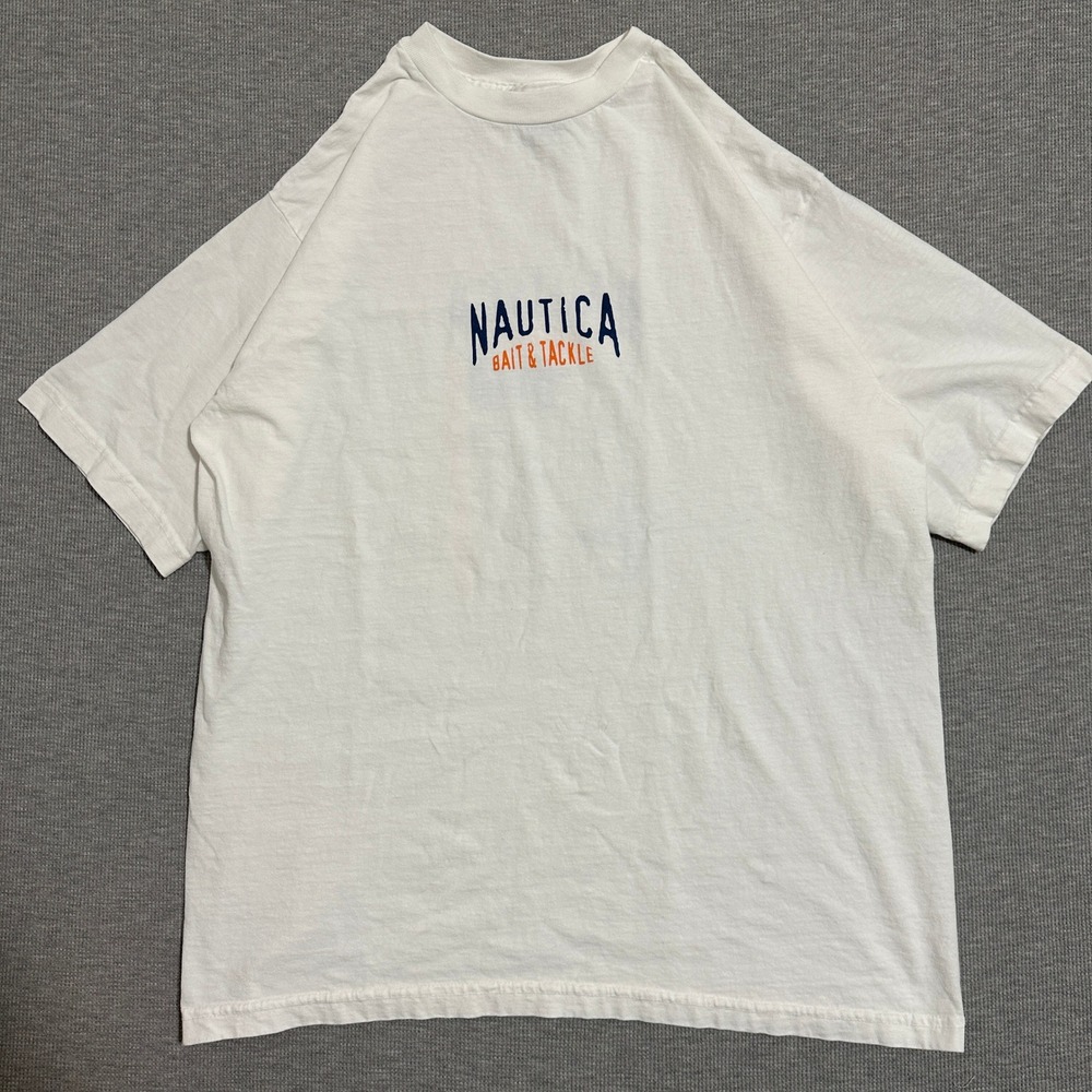 Y2K Nautica Bait & Tackle Double Sided Fishing Lure Graphic Tee White Mens M